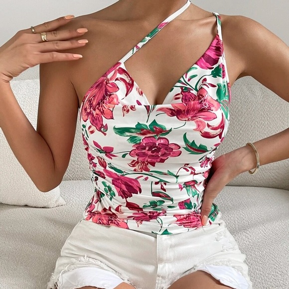 Boho Floral Print One Shoulder Cami Tank Top - Picture 3 of 13